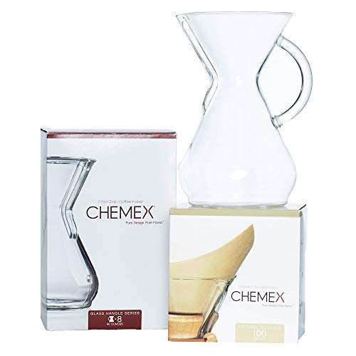 CHEMEX Bundle: 8-Cup Glass Carafe, 100 Natural Square Bonded Filters
Invented in 1941, CHEMEX has been brewing perfect filtered coffee for generations. Its iconic hour glass shape is so beautiful, it can be found in some of the most CHEMEX Bundle