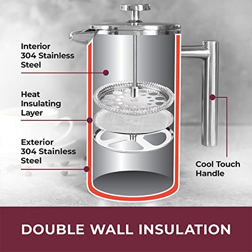 Cafetière à piston Mueller en acier inoxydable 304 à double isolation avec système de filtration à 4 niveaux