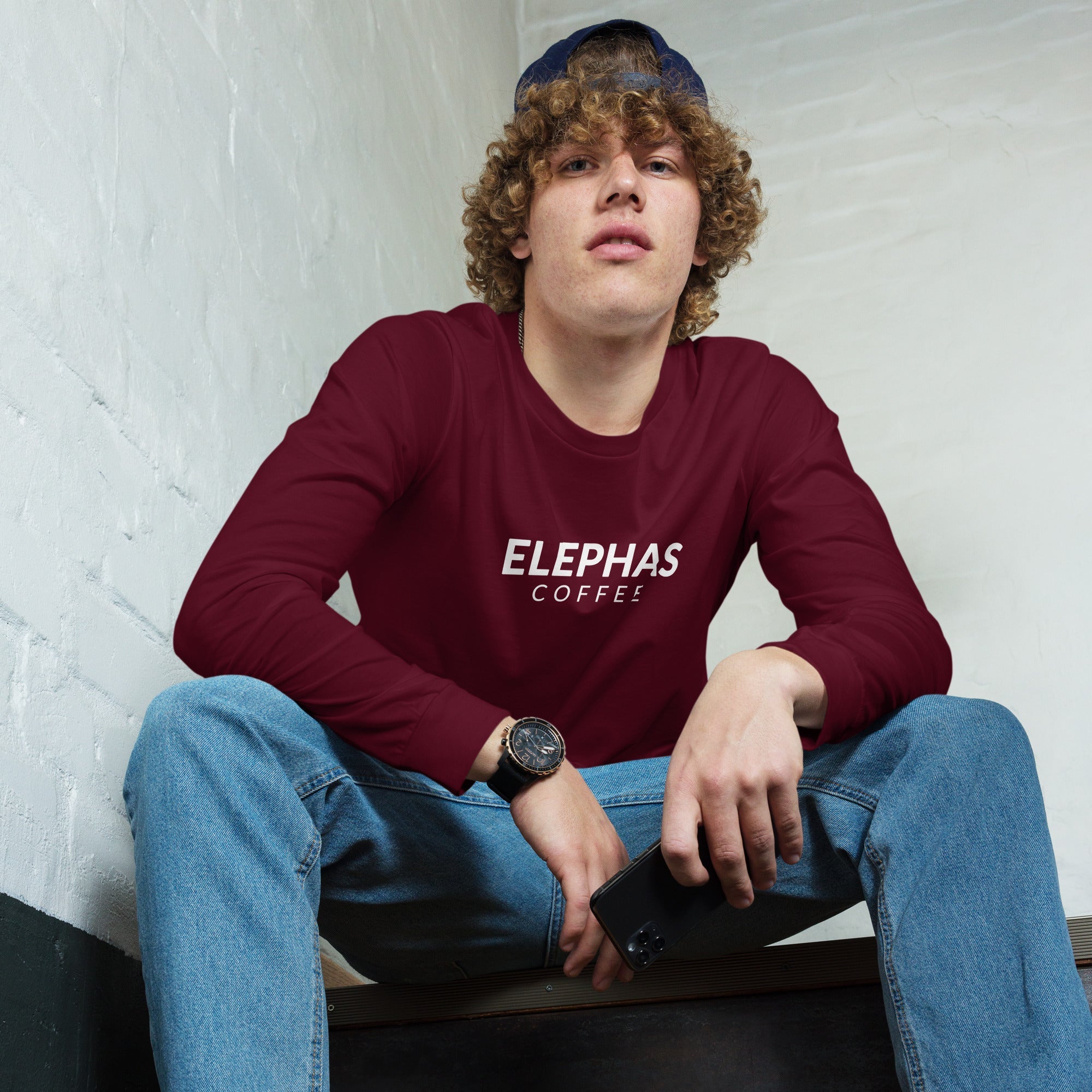 Elephas Coffee - All Caps - Unisex Long Sleeve Tee - Maroon