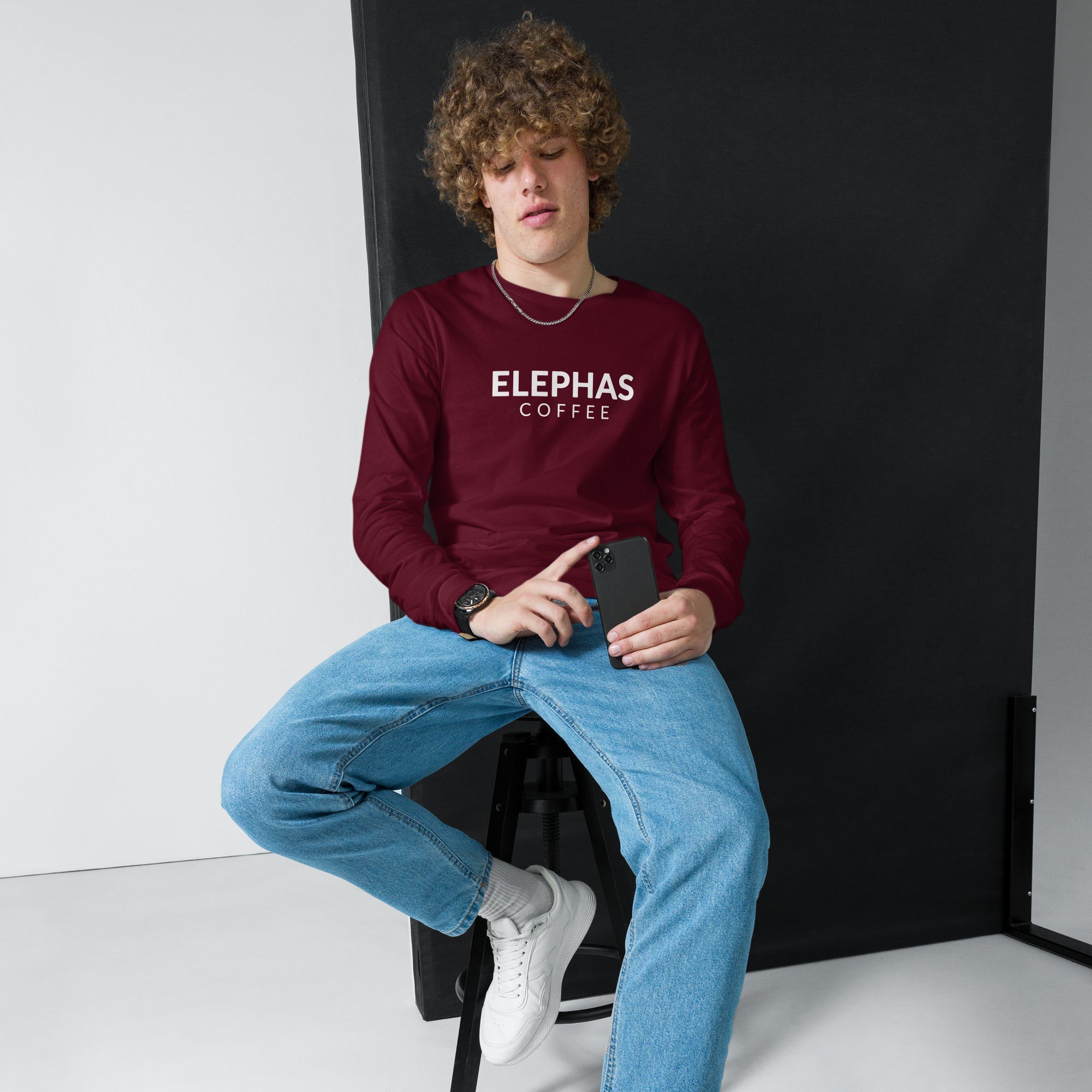 Elephas Coffee - All Caps - Unisex Long Sleeve Tee - Maroon